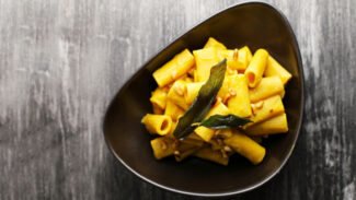 Rigatoni with Vegan Butternut Sage Cream Sauce and Toasted Pine Nuts